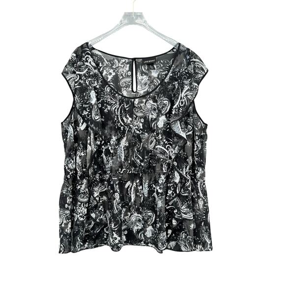 Lane Bryant Black & White Mixed Paisley Print Ruffle Sleeve Sheer Chiffon Blouse - Picture 8 of 11